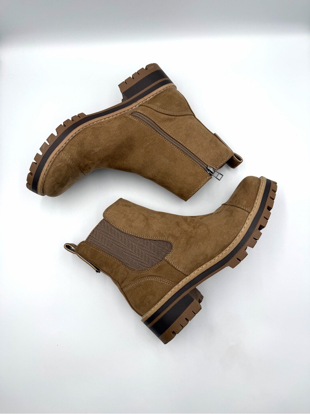 Tan Suede-Look Ankle Boots | Chunky Lug Sole | Side Zip | Size 9